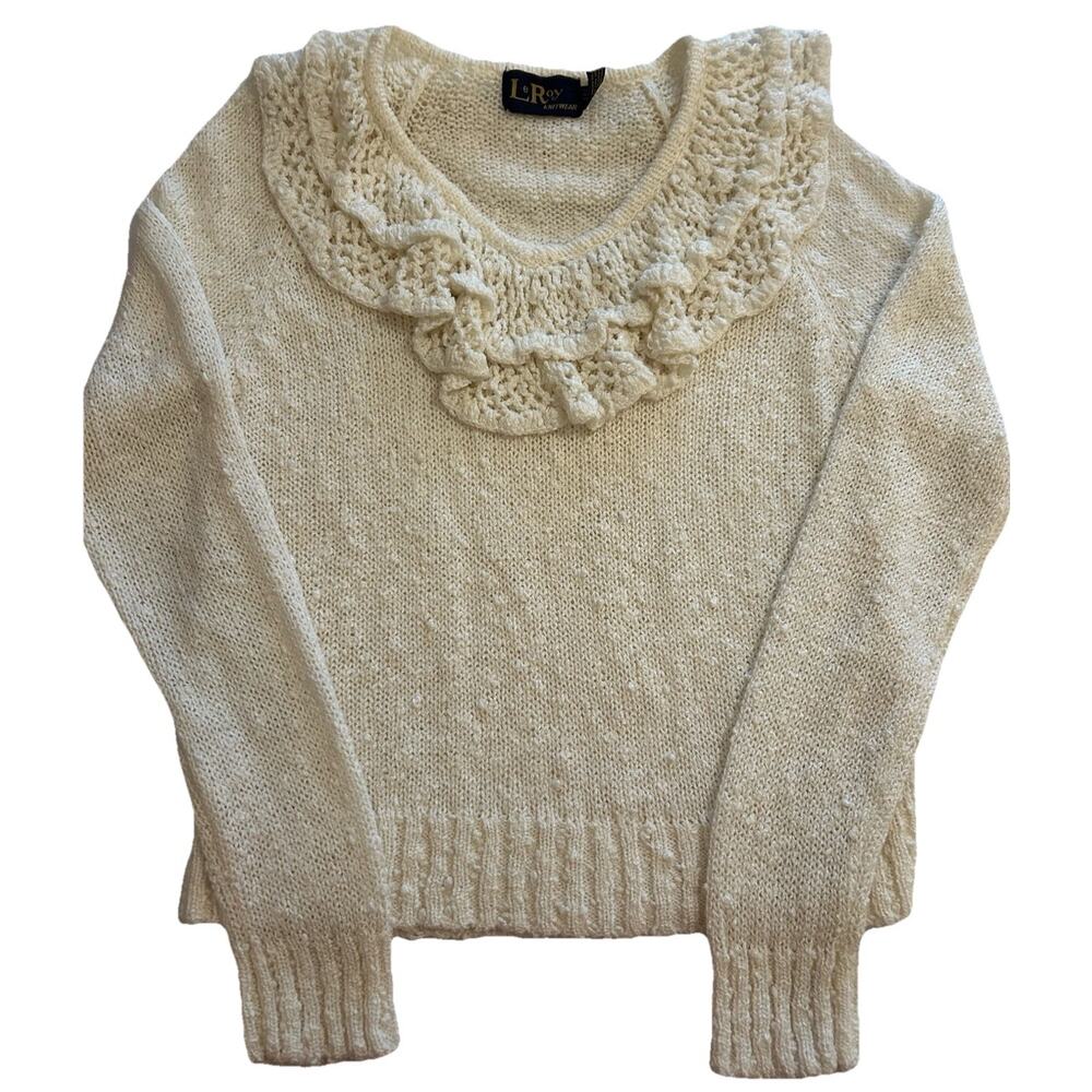 Vtg 80s LeRoy knitwear Ivory‎ Sweater Sz Small Ruffle Crochet Cottagecore Frilly